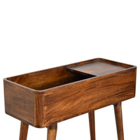 A sleek chestnut console table with an open top, dark brown wood finish, and tapered legs for stylish storage