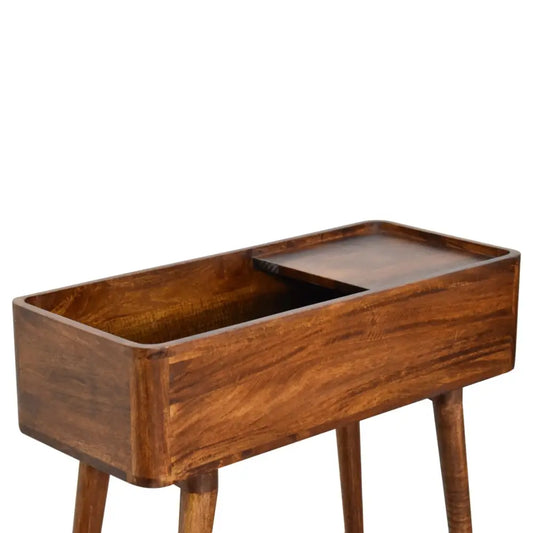 A sleek chestnut console table with an open top, dark brown wood finish, and tapered legs for stylish storage