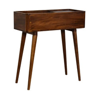A sleek dark brown wood chestnut console table with a rectangular top and tapered legs for stylish storage