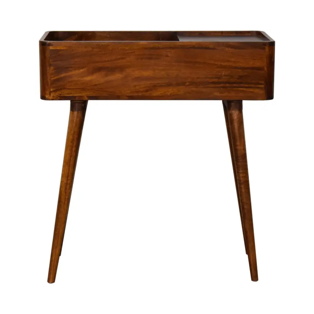 Mid-century modern chestnut console table with tapered legs and dark brown wood finish for stylish storage