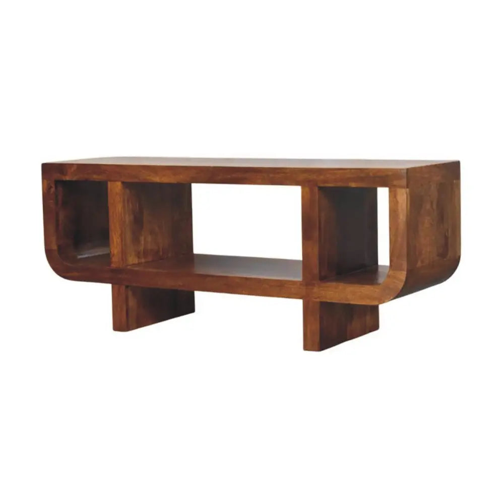 Orion curved chestnut media unit with solid mango wood, rich dark brown finish, and curved geometric storage compartments