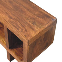 Rustic brown wooden media unit with open shelving made from solid mango wood in orion curved chestnut style