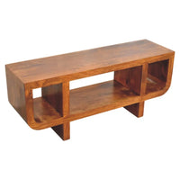 Orion curved chestnut media unit is a sleek medium brown solid mango wood tv stand with curved cutouts and open shelves