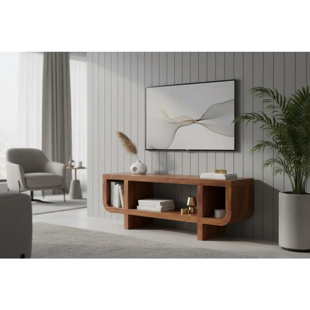 Orion curved chestnut media unit with warm finish and curved open shelves made from solid mango wood