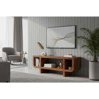 Orion curved chestnut media unit with warm finish and curved open shelves made from solid mango wood