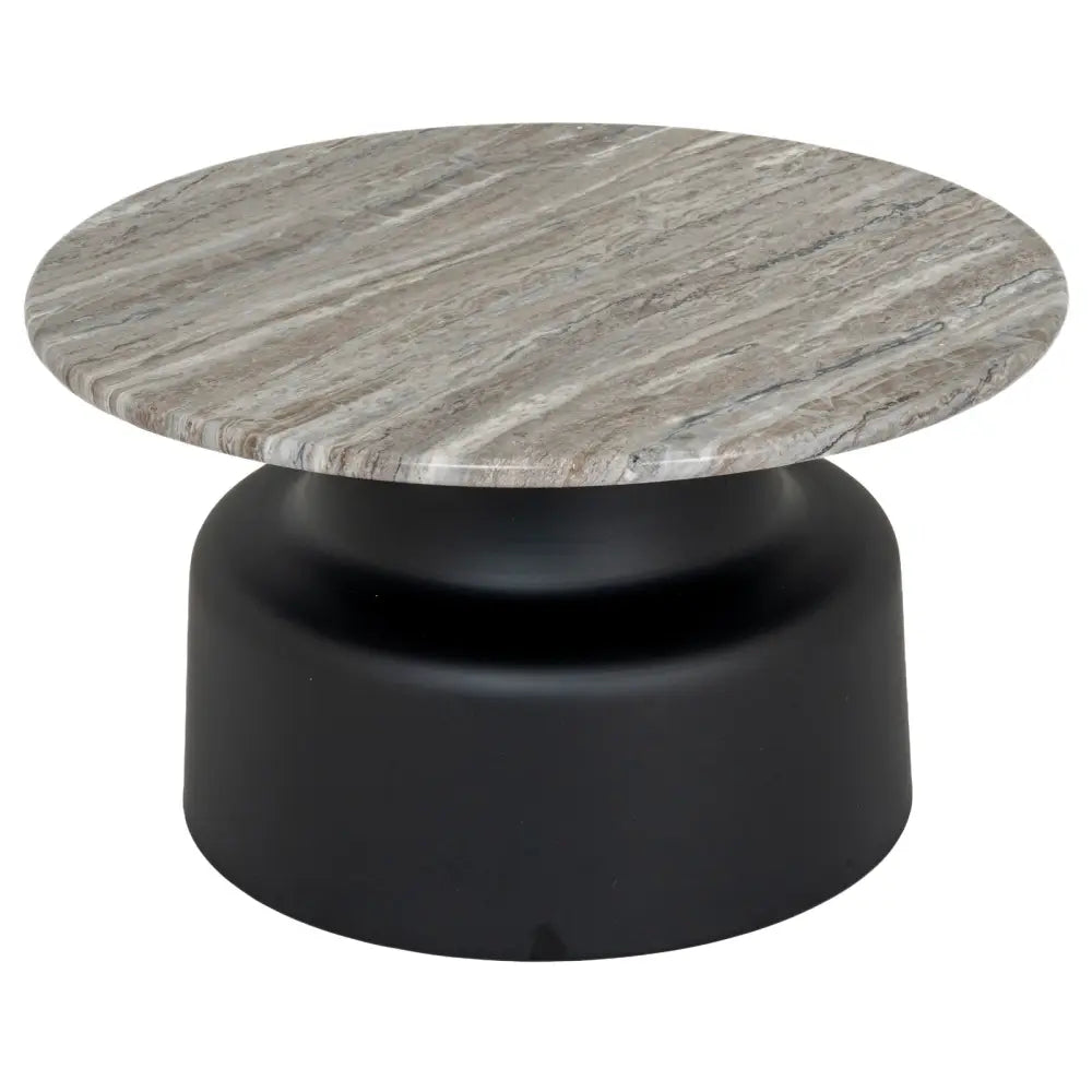 Oura round coffee table with circular gray marble top and sleek black base for stylish living spaces