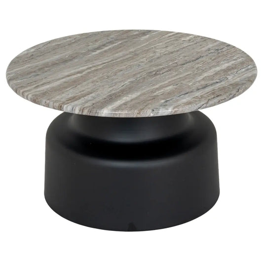 Oura round coffee table with circular gray marble top and sleek black base for stylish living spaces