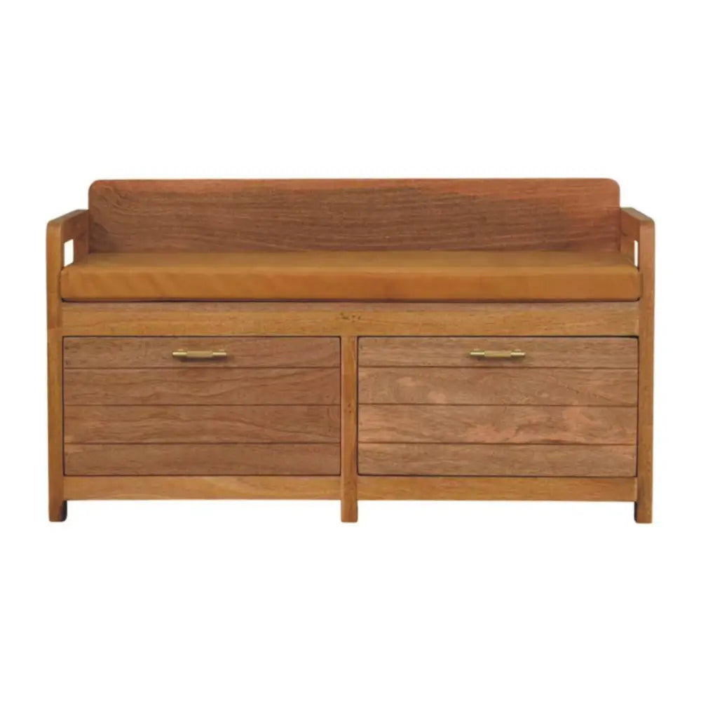 Oxford oak-ish storage bench with light brown wood grain cushioned seat and two drawers with brass handles