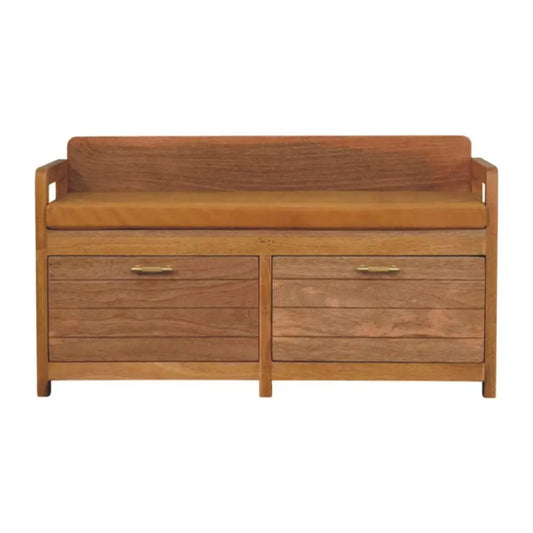 Oxford oak-ish storage bench with light brown wood grain cushioned seat and two drawers with brass handles