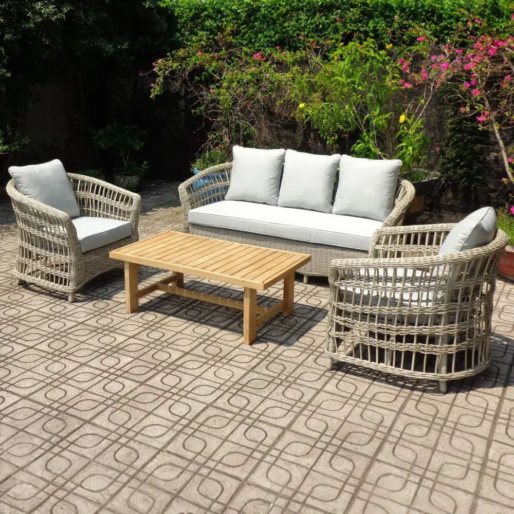 Beige wicker outdoor sofa set with light gray cushions and wooden coffee table from palma collection 5mm hdpe wicker outdoor set