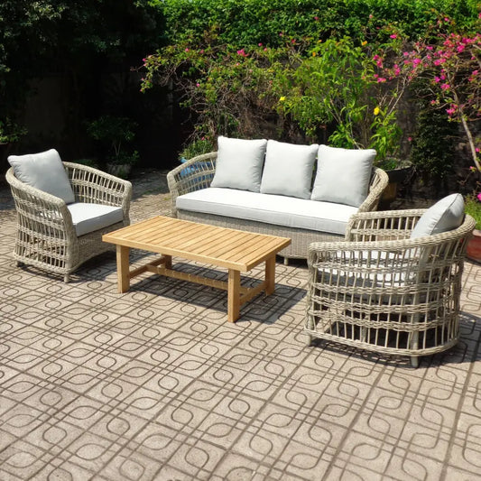 Beige wicker outdoor sofa set with light gray cushions and wooden coffee table from palma collection 5mm hdpe wicker outdoor set