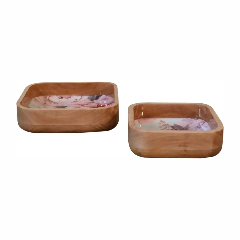 Rectangular wooden trays with smooth light brown finish and pink floral square glass inserts bowl set of 2