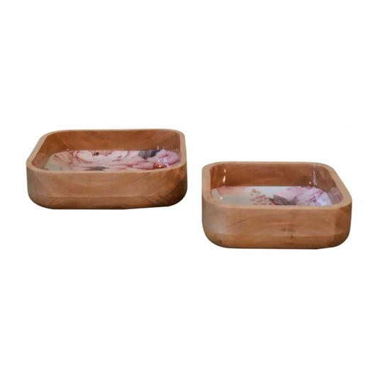 Rectangular wooden trays with smooth light brown finish and pink floral square glass inserts bowl set of 2
