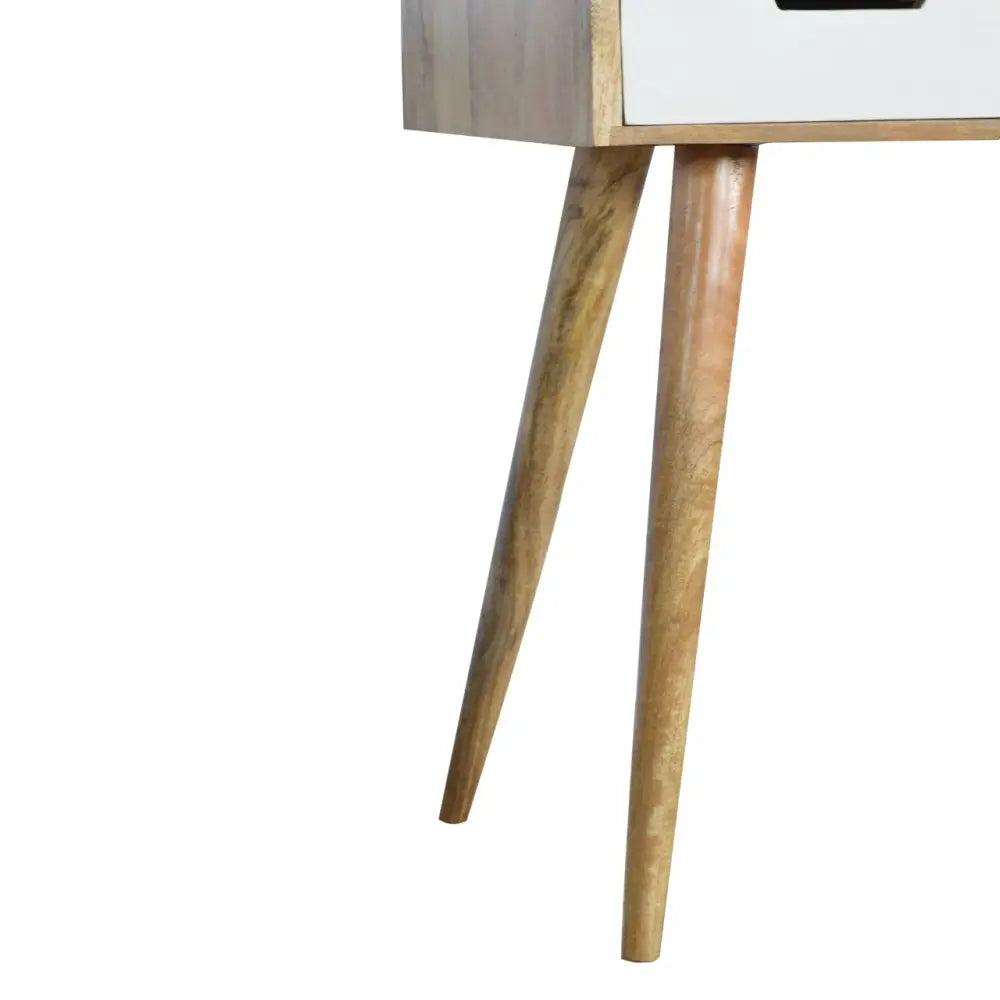 Mid century modern nightstand with white drawer and light wood frame pairs perfectly with pink gradient dressing table