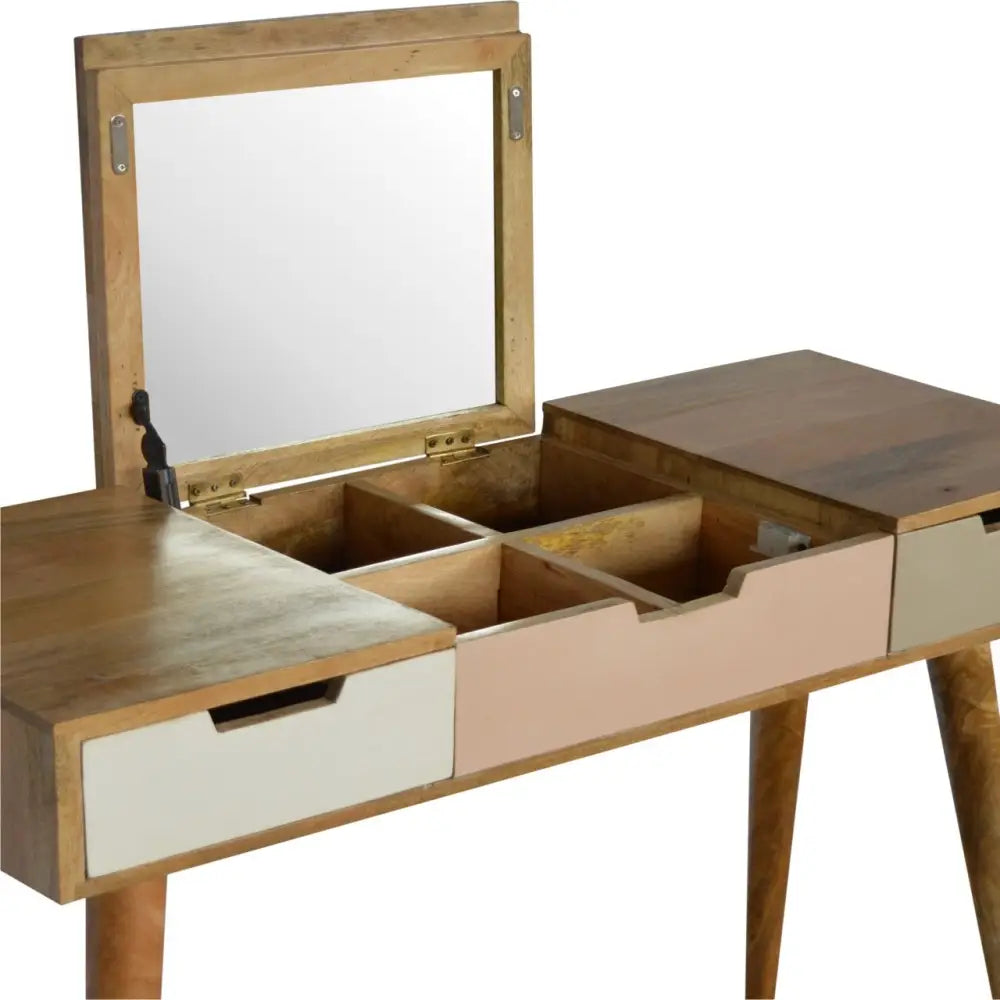 Modern wooden pink gradient dressing table with mirrored top white and light pink drawers and gold legs