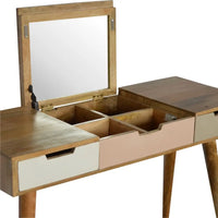 Modern wooden pink gradient dressing table with mirrored top white and light pink drawers and gold legs