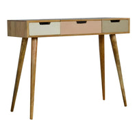 Mid-century modern pink gradient dressing table with three drawers in beige blush pink and off-white wood frame