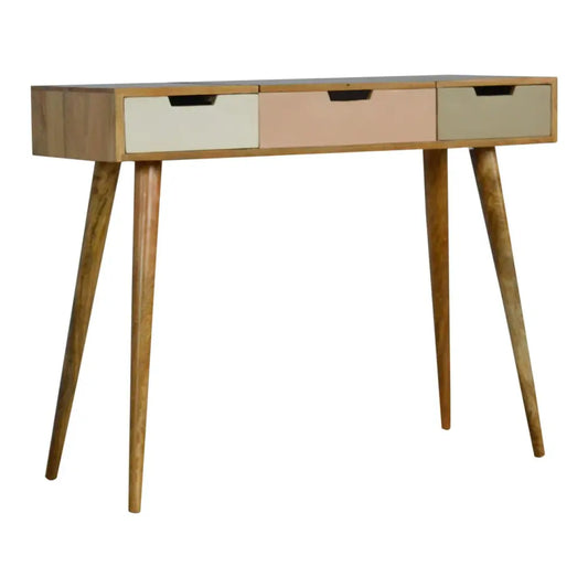 Mid-century modern pink gradient dressing table with three drawers in beige blush pink and off-white wood frame
