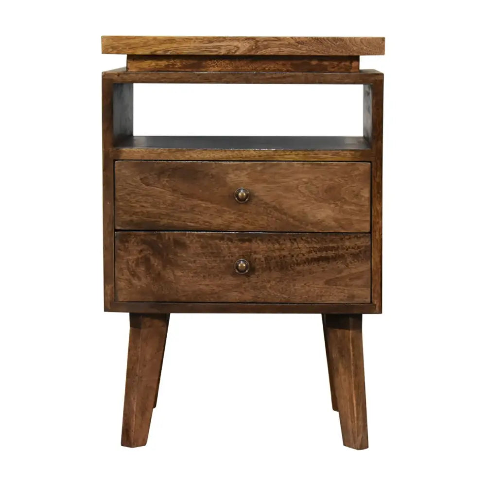 A rustic wooden platform bedside with two drawers, a top shelf, and tapered legs showcasing opulent furniture style