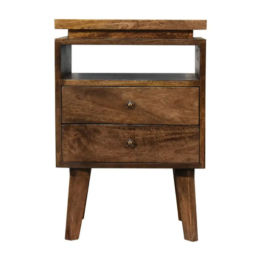 A rustic wooden platform bedside with two drawers, a top shelf, and tapered legs showcasing opulent furniture style
