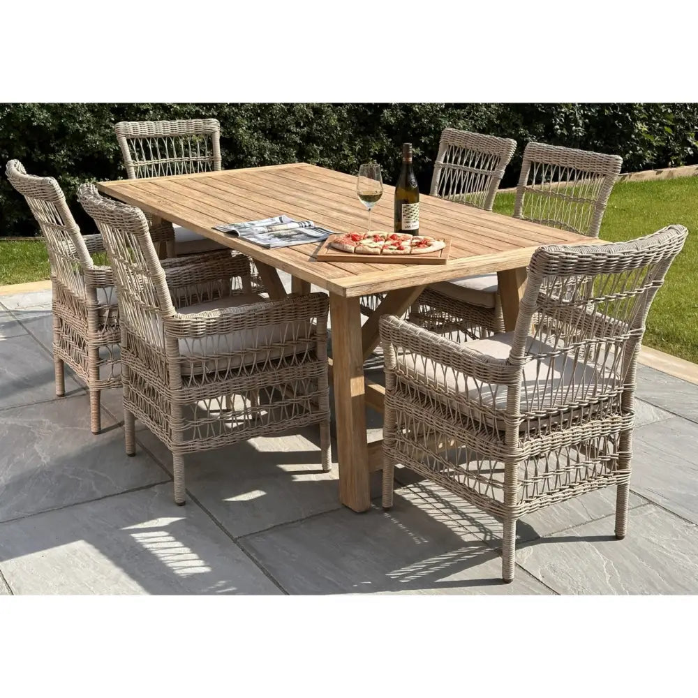 Beige wicker dining table with wooden top and cushioned chairs from provence collection outdoor large set