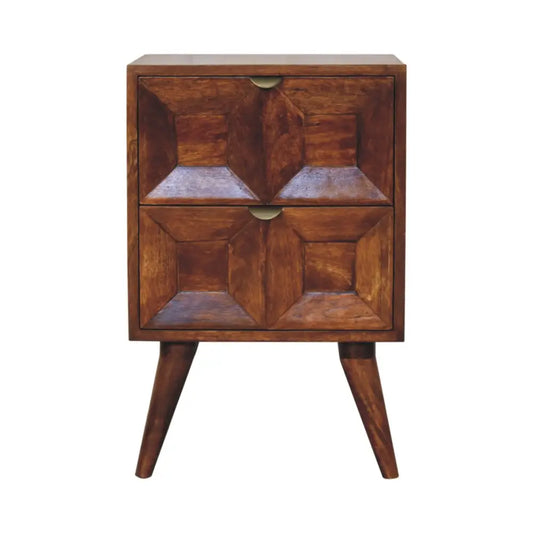 Rustic wooden quad bedside with two carved drawers and tapered legs perfect for opulent furniture settings