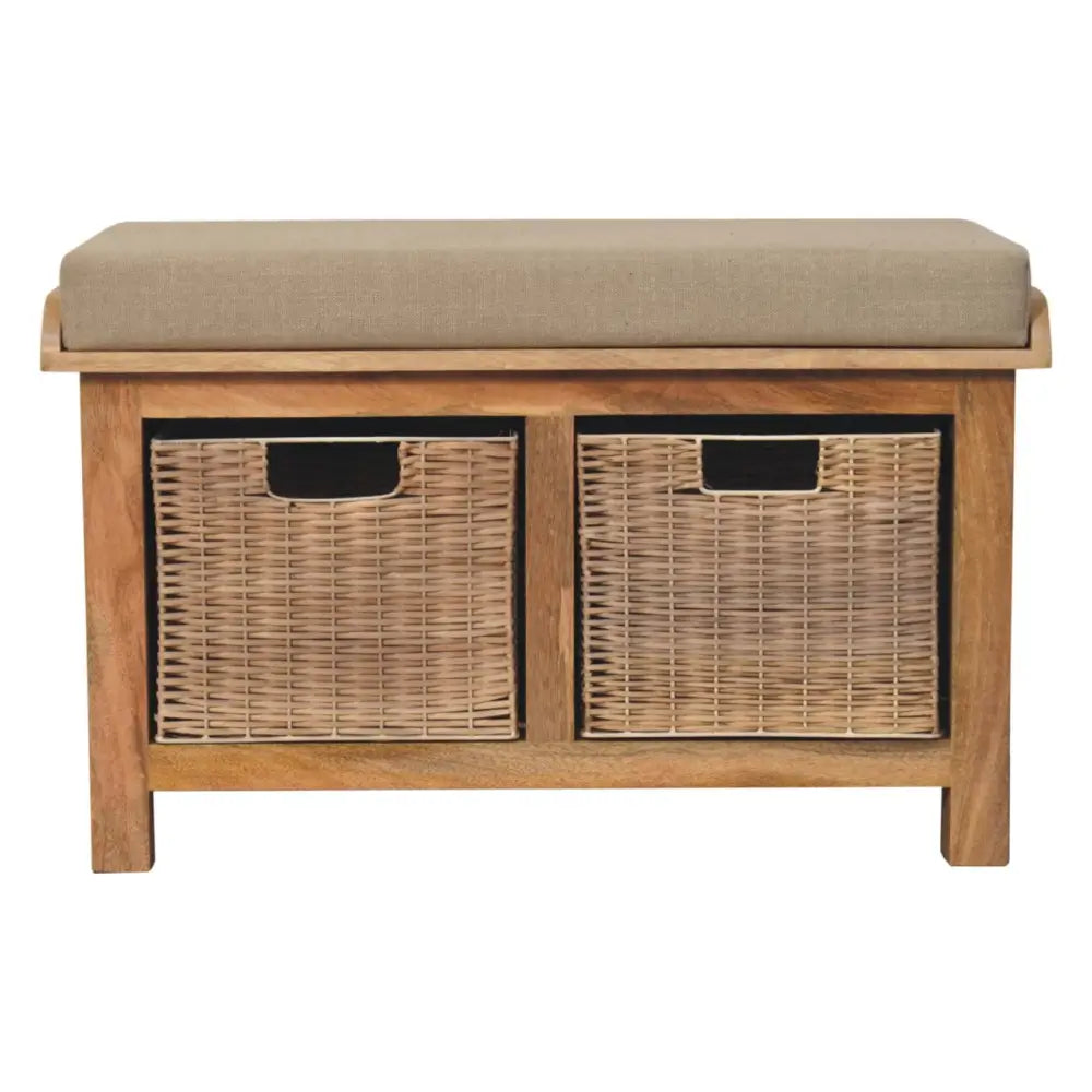 Wooden rattan basket linen bench with beige cushioned seat and two woven wicker baskets underneath for storage