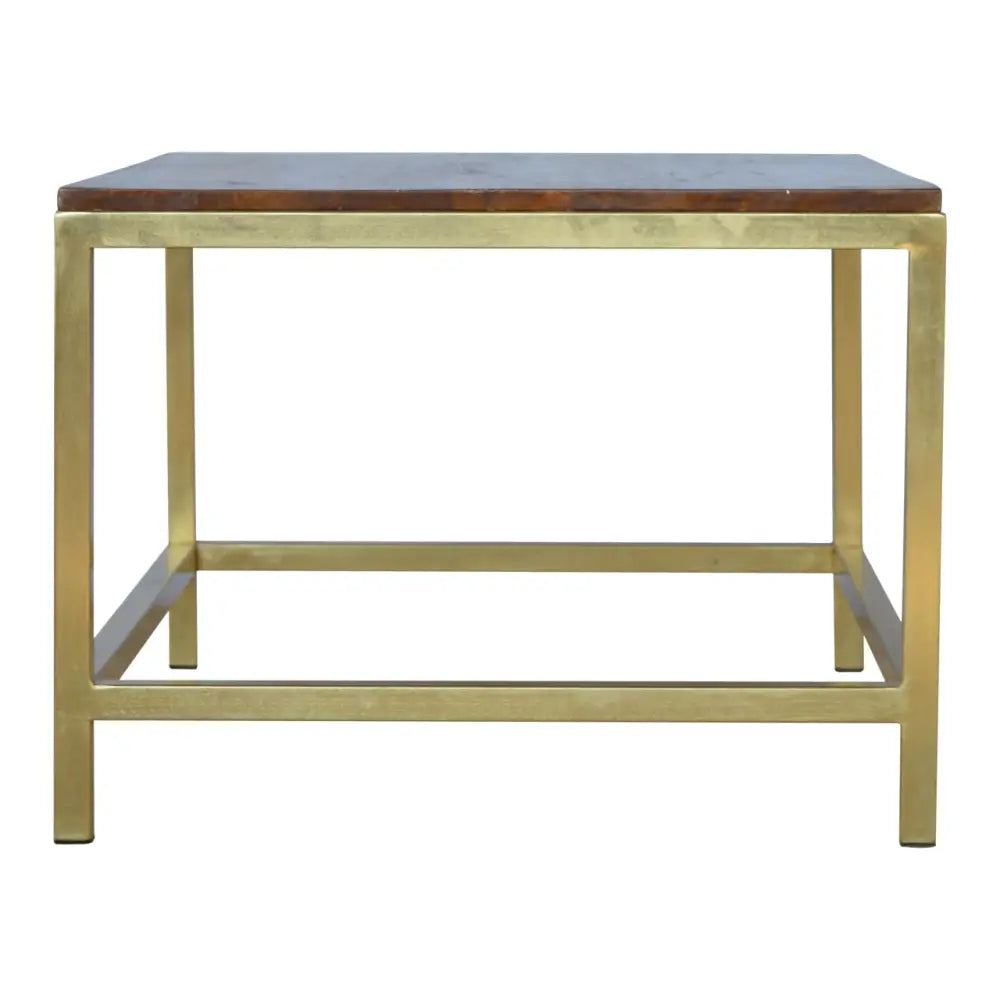 A sleek rectangle gold coffee table with a dark brown wooden top and polished brass frame for stylish living rooms