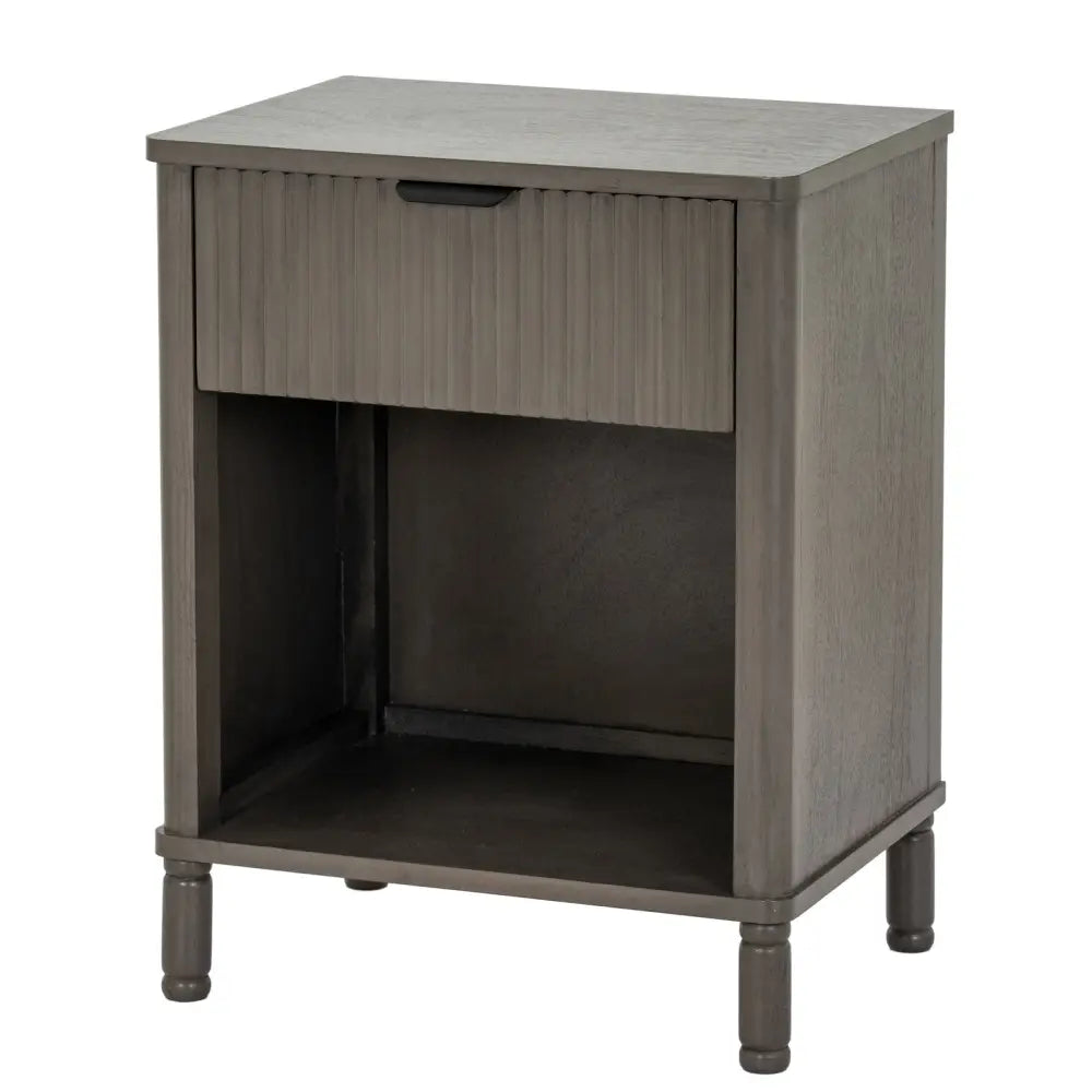 Gray wooden reed collection drawer cabinet with vertical slats, single drawer, turned legs, and brushed metal handle