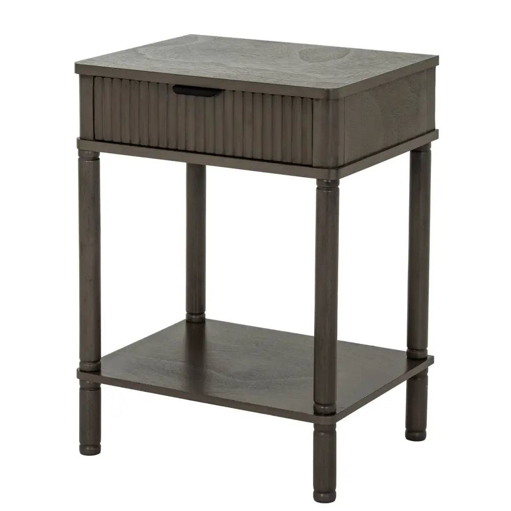 Dark gray wooden nightstand from reed collection with a single ribbed drawer front and visible grain patterns