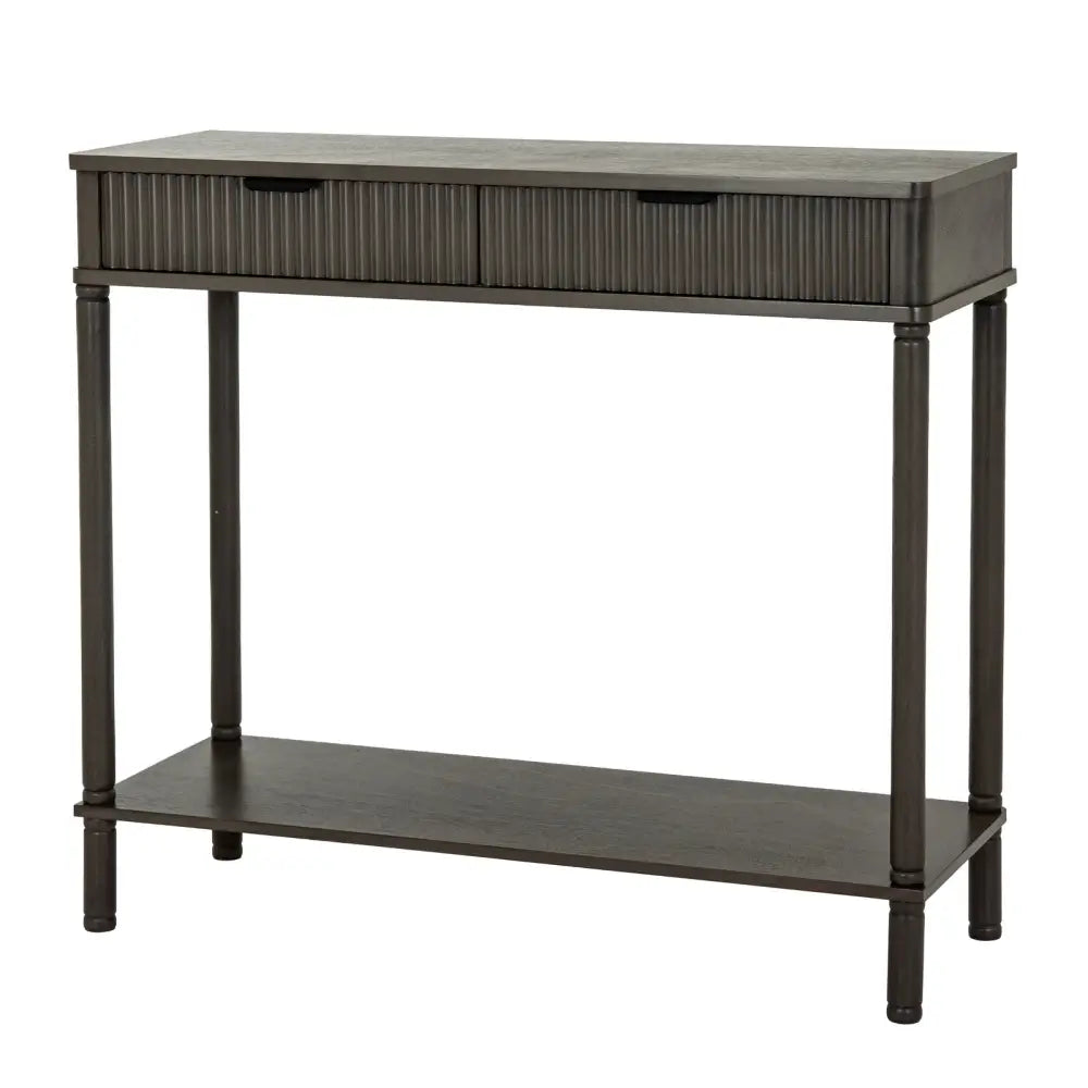 Dark gray reed collection drawer console with two slatted drawers lower shelf and tapered legs for entryway or living room