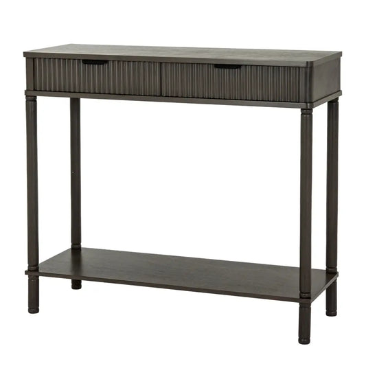 Dark gray reed collection drawer console with two slatted drawers lower shelf and tapered legs for entryway or living room