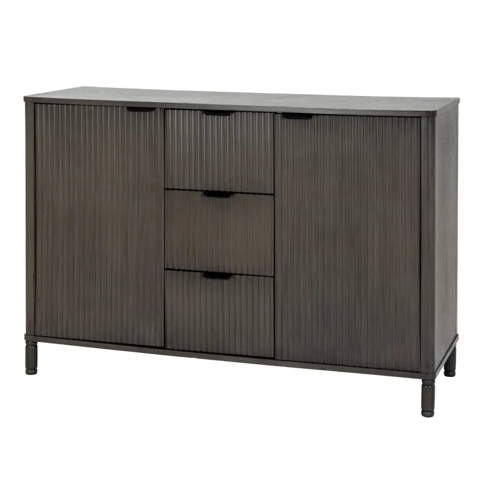 Dark gray wooden reed collection door cabinet with vertical slat doors, refined grain patterns, and black metal legs