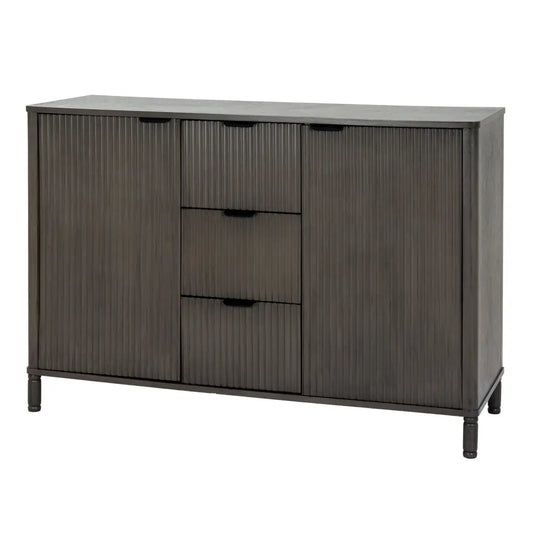 Dark gray wooden reed collection door cabinet with vertical slat doors, refined grain patterns, and black metal legs
