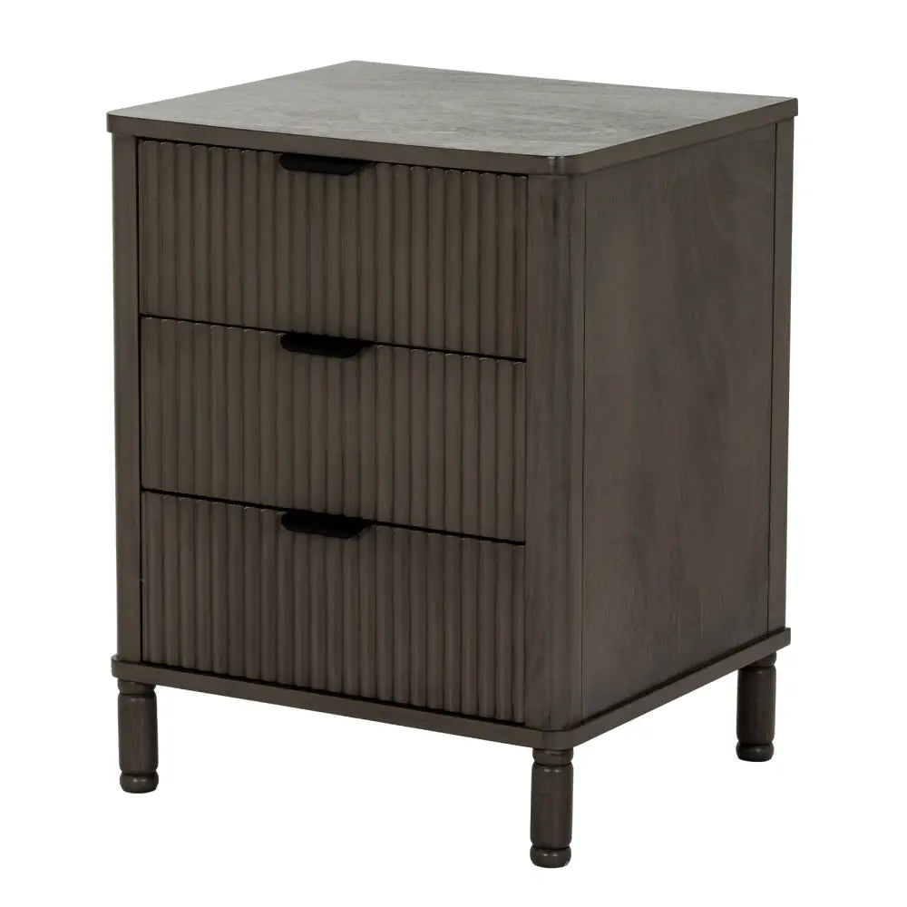 Dark gray reed collection drawer bedside table with vertical ribbed fronts and black handles for bedroom use