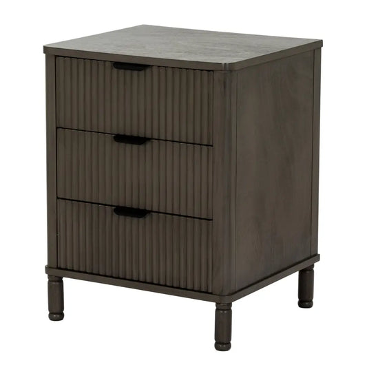 Dark gray reed collection drawer bedside table with vertical ribbed fronts and black handles for bedroom use
