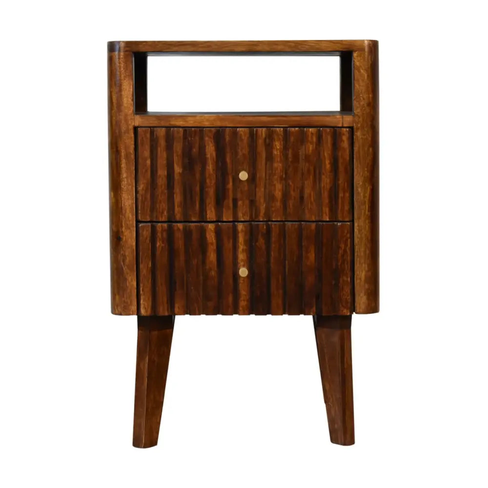 Dark brown wood reeve bedside nightstand with vertical slat drawers and round brass knobs