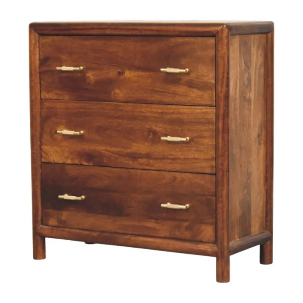 Regency 3-drawer chest made of solid mango wood with a warm chestnut finish and gold-tone handles