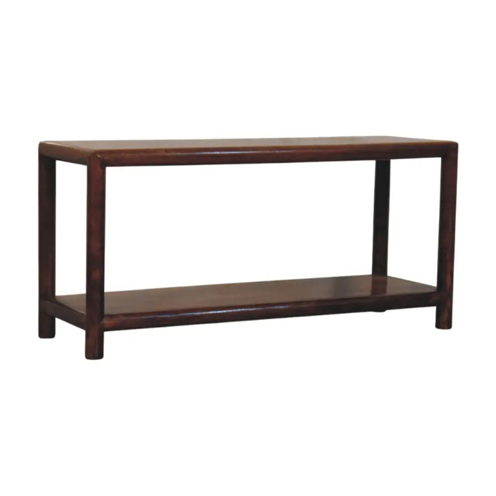 Regency bench solid mango wood console table with rich chestnut finish and two polished levels