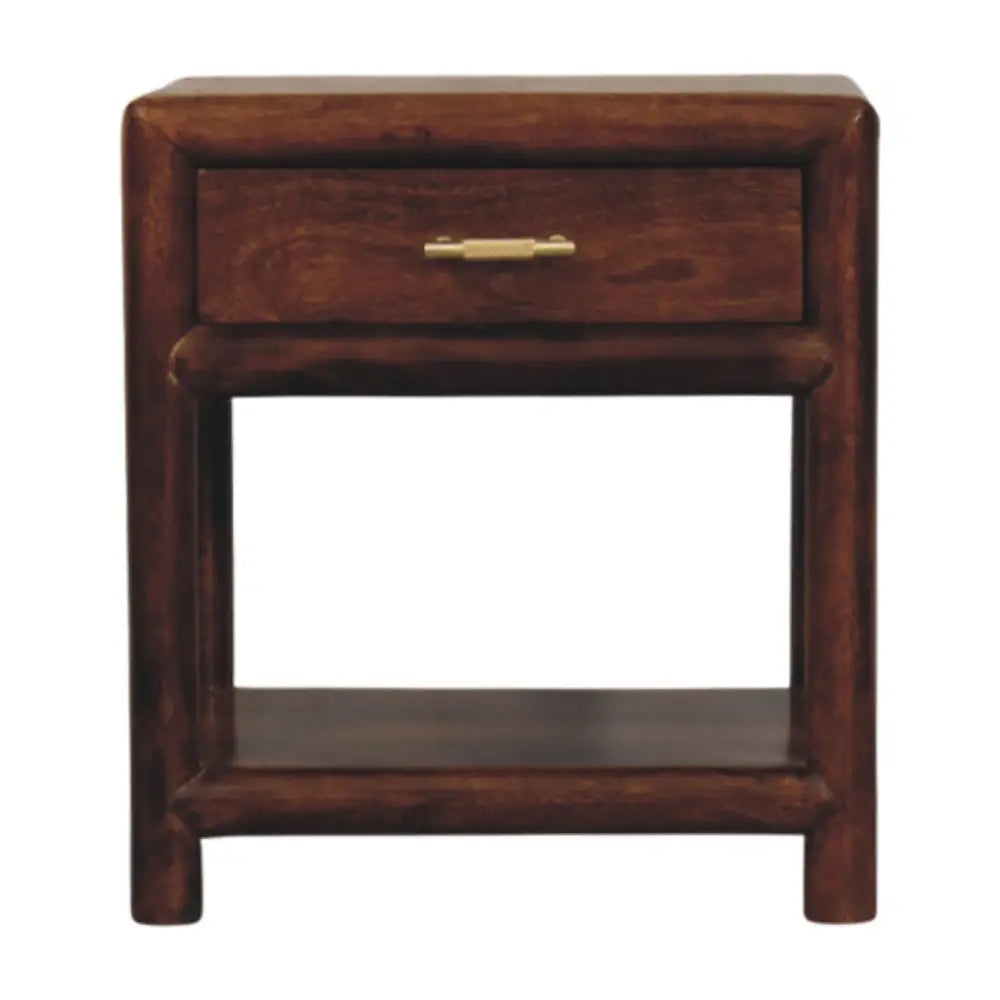 Dark brown regency chestnut nightstand with single drawer and brass handle made of solid mango wood