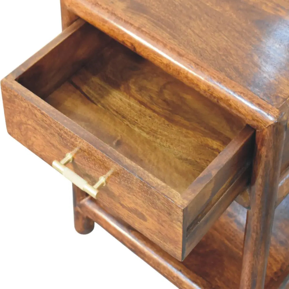 Regency chestnut nightstand with solid mango wood construction warm tone and brass handles on single drawer