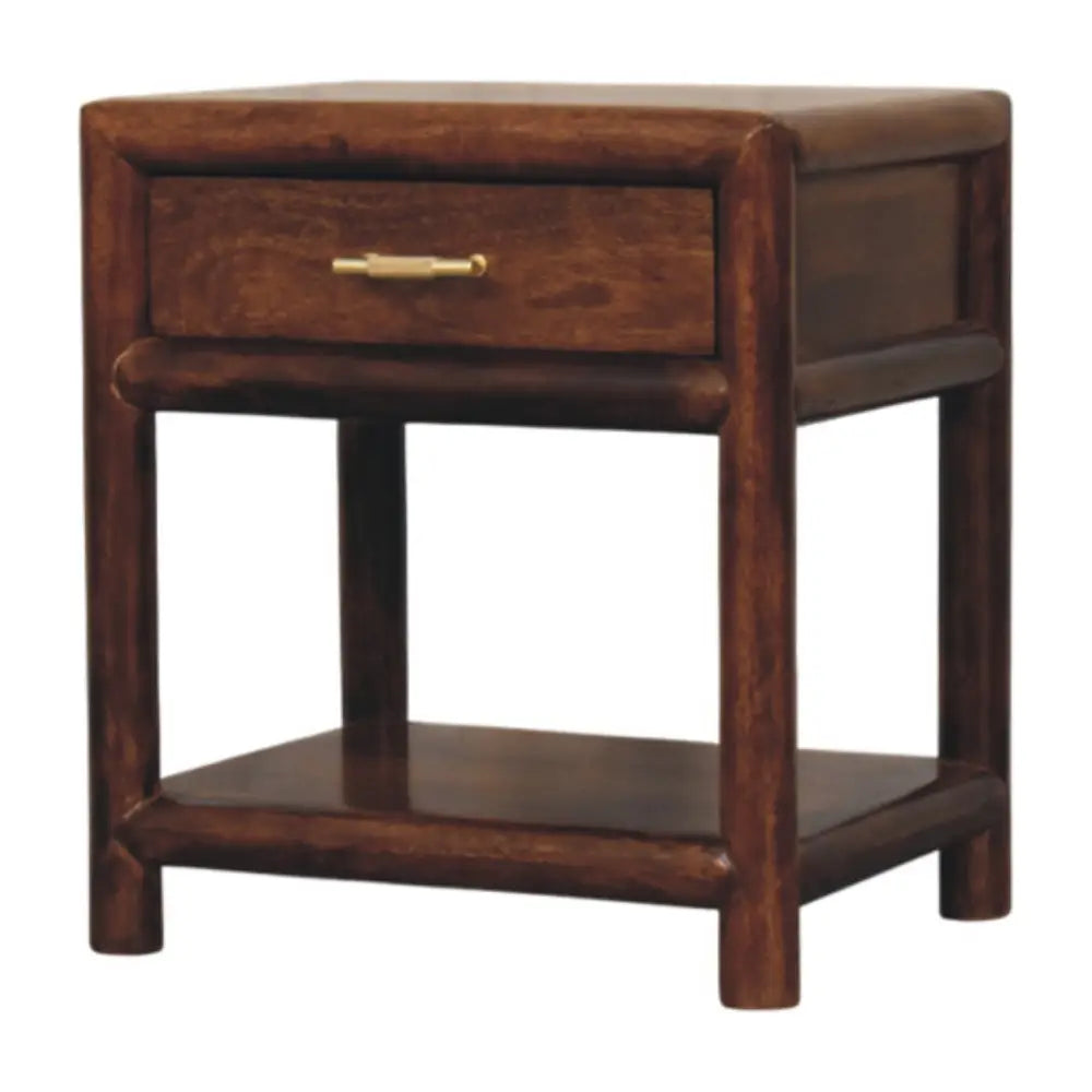 Regency chestnut nightstand in dark solid mango wood with single drawer and brass finished table lamp on top