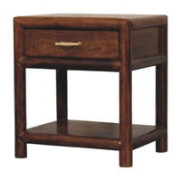 Regency chestnut nightstand in dark solid mango wood with single drawer and brass finished table lamp on top