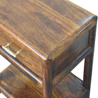 Regency chestnut nightstand in dark brown polished solid mango wood with brass drawer pull for bedroom use