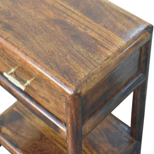 Regency chestnut nightstand in dark brown polished solid mango wood with brass drawer pull for bedroom use