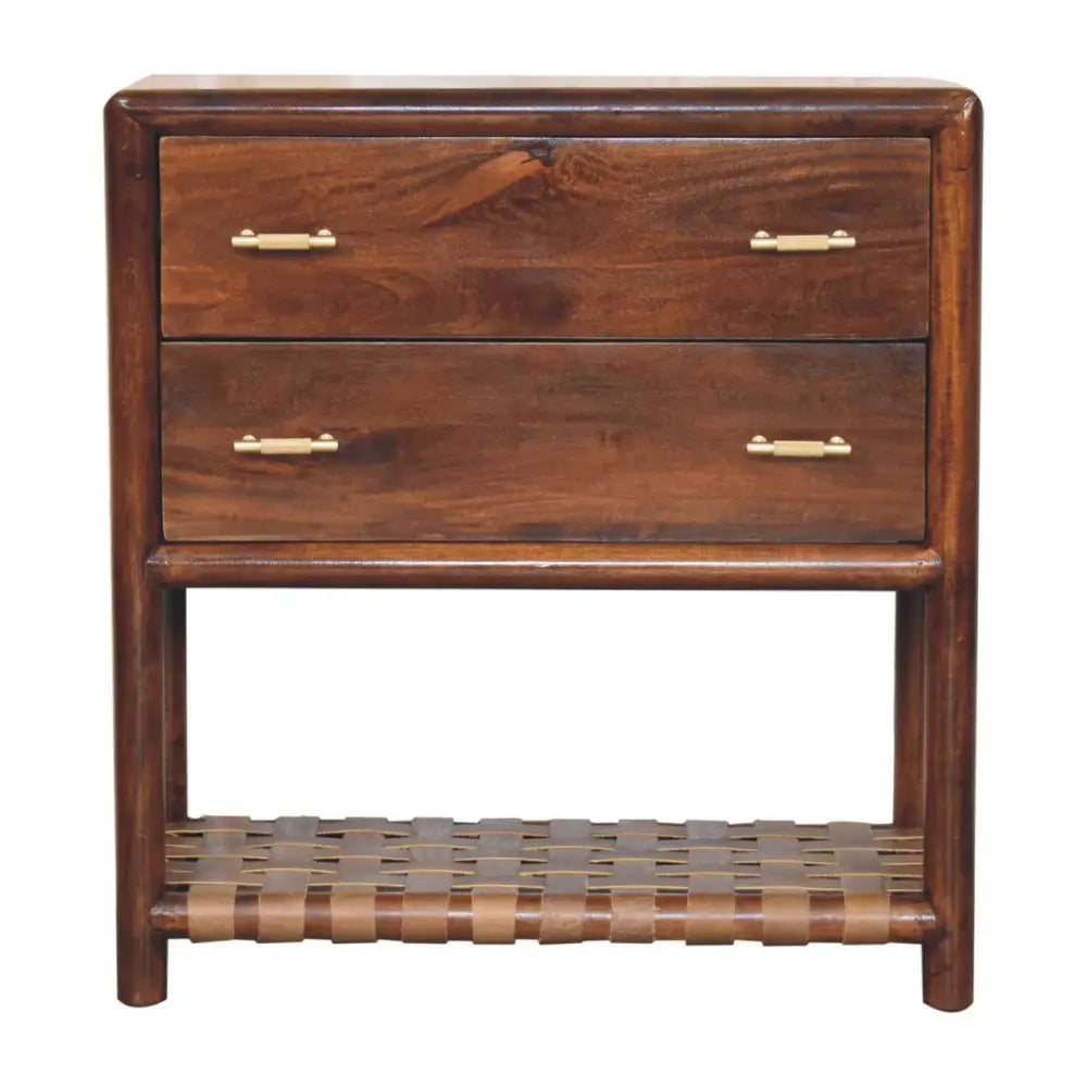 Dark wood regency woven 2-drawer nightstand with woven leather shelf for stylish bedroom storage