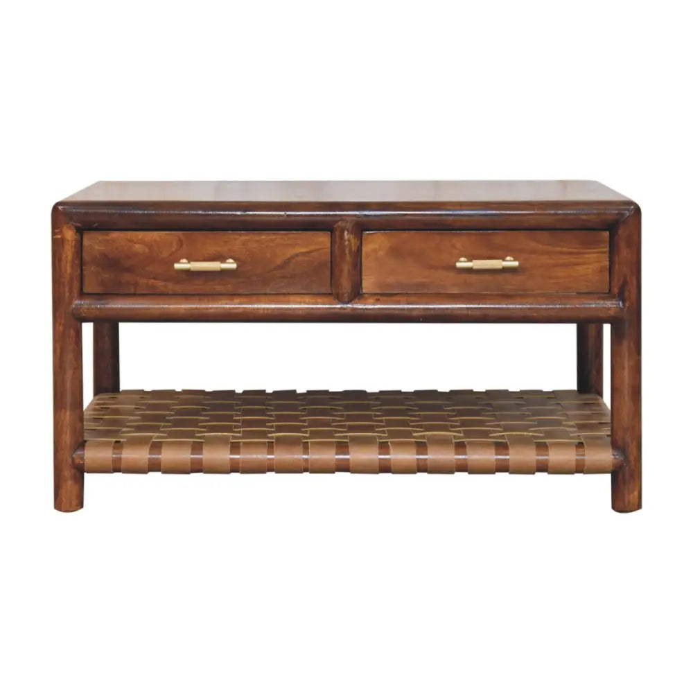 Regency woven coffee table in dark wood with four drawers and a woven leather shelf for stylish storage