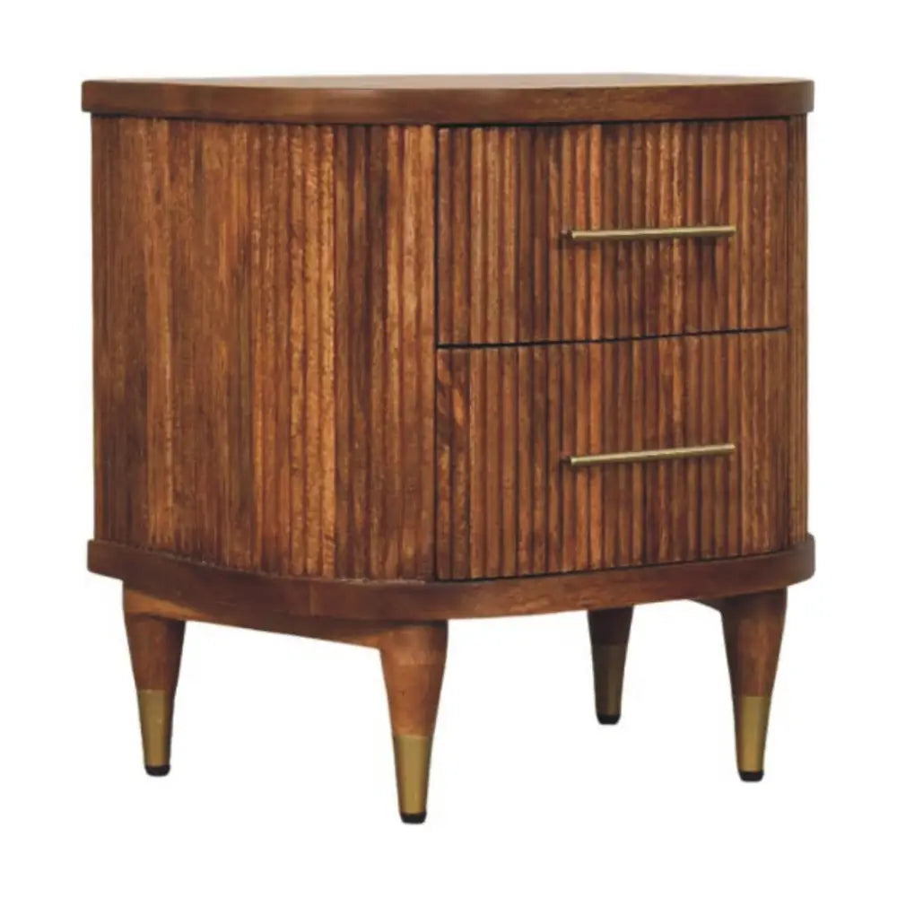 Mid-century modern ribbed bedside with solid mango wood, vertical grain, brass handles, dark walnut finish, and tapered legs