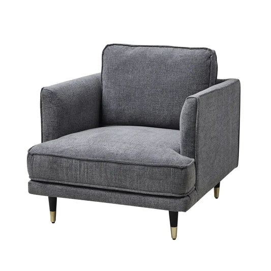 Richmond grey large armchair with gray textured fabric and sleek black and gold-tone legs for stylish living rooms