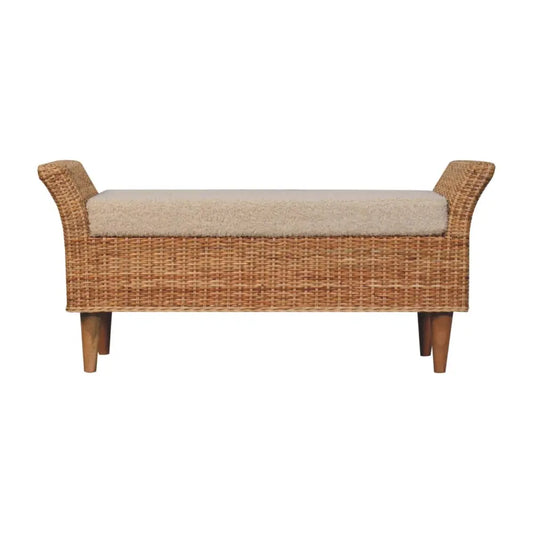 Riviera woven bench with beige upholstered seat and woven wicker frame on wooden legs perfect for indoor seating